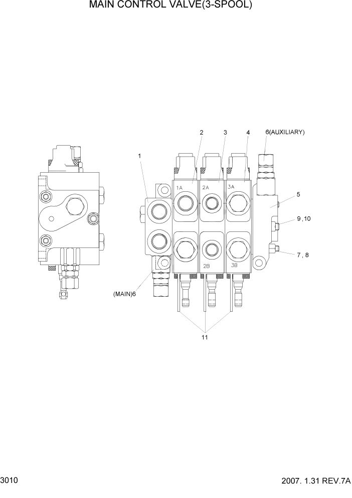 Схема запчастей Hyundai HBF20/HBF25/HBF30/HBF32/HBF20-7 - PAGE 3010 MAIN CONTROL VALVE(3-SPOOL,OPTION) ГИДРАВЛИЧЕСКИЕ КОМПОНЕНТЫ