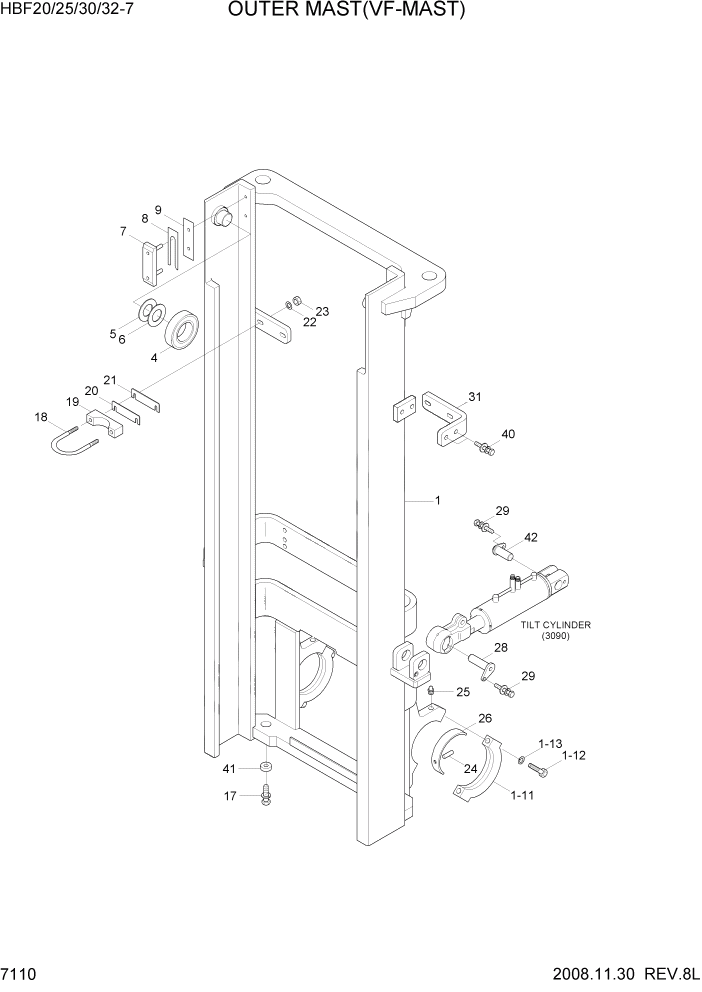 Схема запчастей Hyundai HBF20/HBF25/HBF30/HBF32/HBF20-7 - PAGE 7110 OUTER MAST(VF-MAST) РАБОЧЕЕ ОБОРУДОВАНИЕ