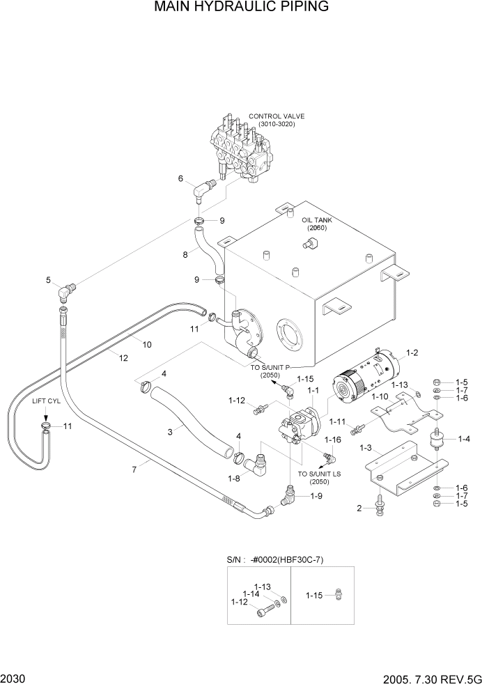 Схема запчастей Hyundai HBF20/HBF25/HBF30C-7 - PAGE 2030 MAIN HYDRAULIC PIPING ГИДРАВЛИЧЕСКАЯ СИСТЕМА