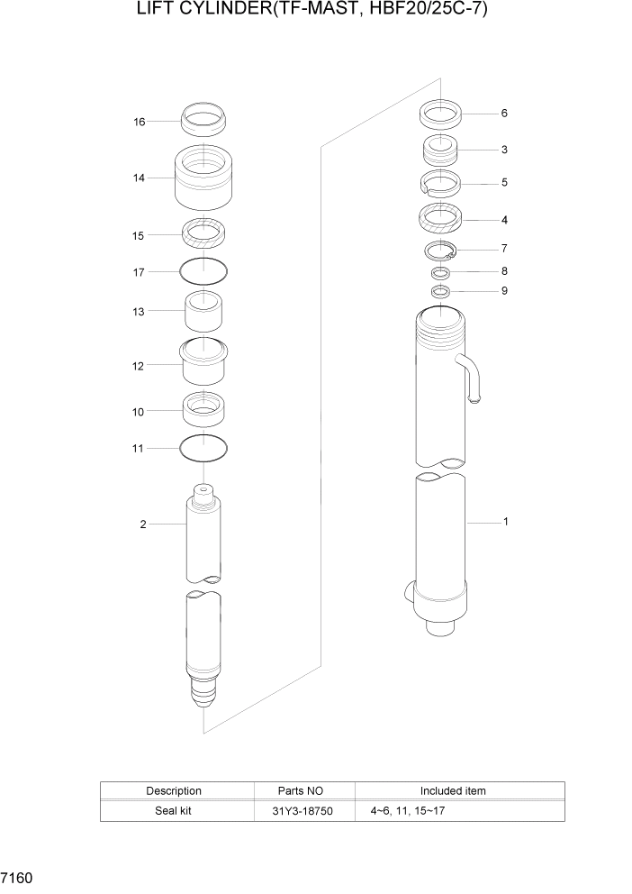 Схема запчастей Hyundai HBF20/HBF25/HBF30C-7 - PAGE 7160 LIFT CYLINDER(TF-MAST,HBF20/25C-7) РАБОЧЕЕ ОБОРУДОВАНИЕ