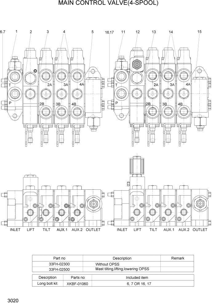 Схема запчастей Hyundai 22/25/30/32B-7 - PAGE 3020 MAIN CONTROL VALVE(4-SPOOL) ГИДРАВЛИЧЕСКИЕ КОМПОНЕНТЫ