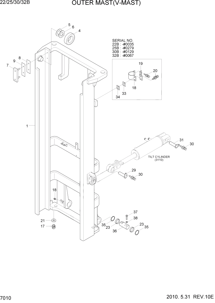 Схема запчастей Hyundai 22/25/30/32B-7 - PAGE 7010 OUTER MAST(V-MAST) РАБОЧЕЕ ОБОРУДОВАНИЕ