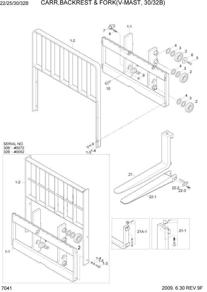Схема запчастей Hyundai 22/25/30/32B-7 - PAGE 7041 CARR, BACKREST & FORK(V-MAST, 30B/32B) РАБОЧЕЕ ОБОРУДОВАНИЕ
