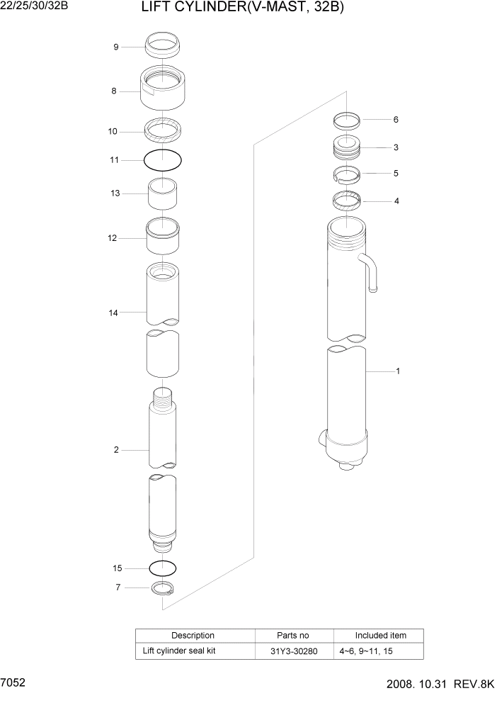 Схема запчастей Hyundai 22/25/30/32B-7 - PAGE 7052 LIFT CYLINDER(V-MAST, 32B) РАБОЧЕЕ ОБОРУДОВАНИЕ