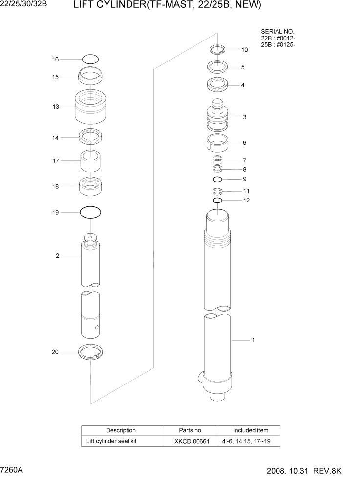 Схема запчастей Hyundai 22/25/30/32B-7 - PAGE 7260A LIFT CYLINDER(TF-MAST, 22B/25B, NEW) РАБОЧЕЕ ОБОРУДОВАНИЕ