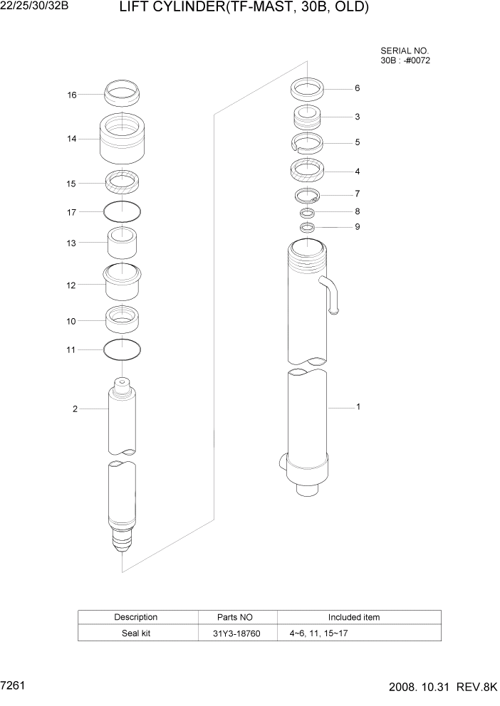 Схема запчастей Hyundai 22/25/30/32B-7 - PAGE 7261 LIFT CYLINDER(TF-MAST, 30B, OLD) РАБОЧЕЕ ОБОРУДОВАНИЕ