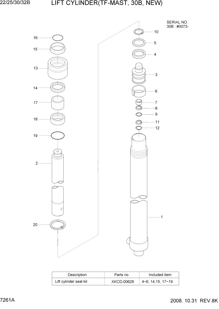 Схема запчастей Hyundai 22/25/30/32B-7 - PAGE 7261A LIFT CYLINDER(TF-MAST, 30B, NEW) РАБОЧЕЕ ОБОРУДОВАНИЕ