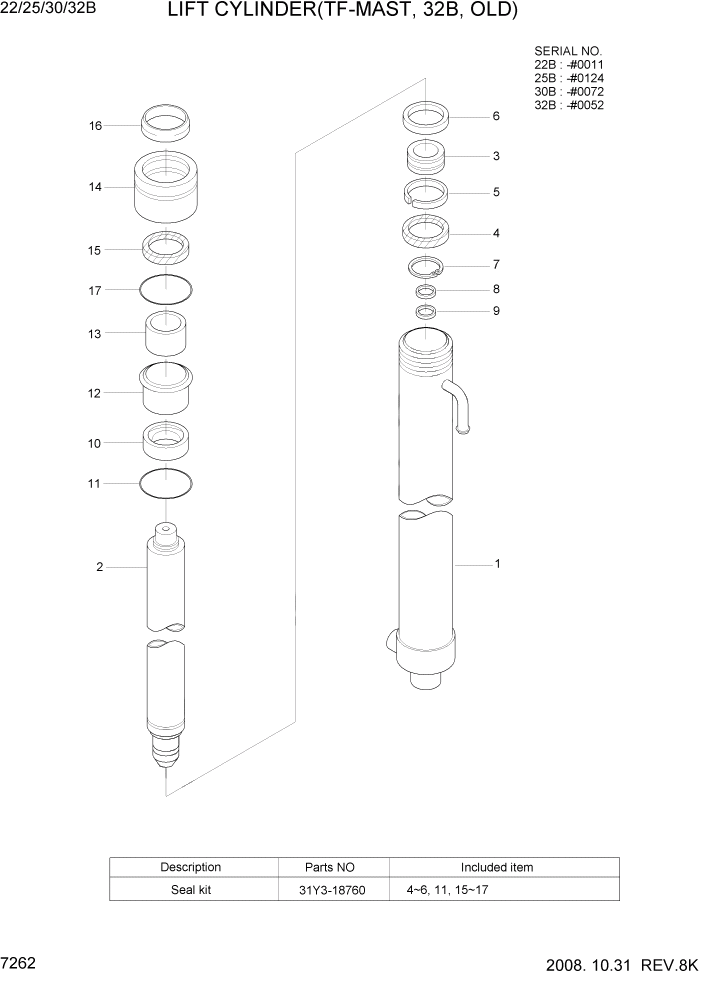 Схема запчастей Hyundai 22/25/30/32B-7 - PAGE 7262 LIFT CYLINDER(TF-MAST, 32B, OLD) РАБОЧЕЕ ОБОРУДОВАНИЕ