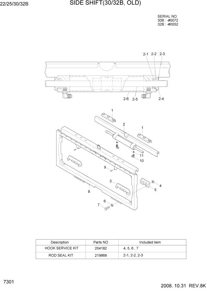 Схема запчастей Hyundai 22/25/30/32B-7 - PAGE 7301 SIDE SHIFT(30B/32B, OLD) РАБОЧЕЕ ОБОРУДОВАНИЕ