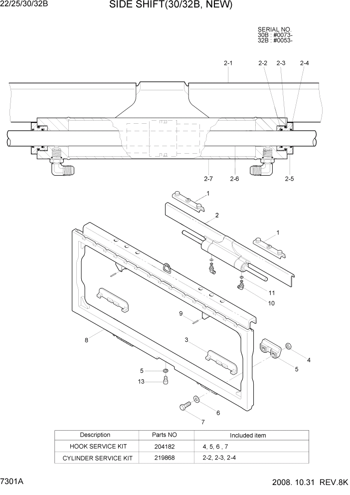 Схема запчастей Hyundai 22/25/30/32B-7 - PAGE 7301A SIDE SHIFT(30B/32B, NEW) РАБОЧЕЕ ОБОРУДОВАНИЕ