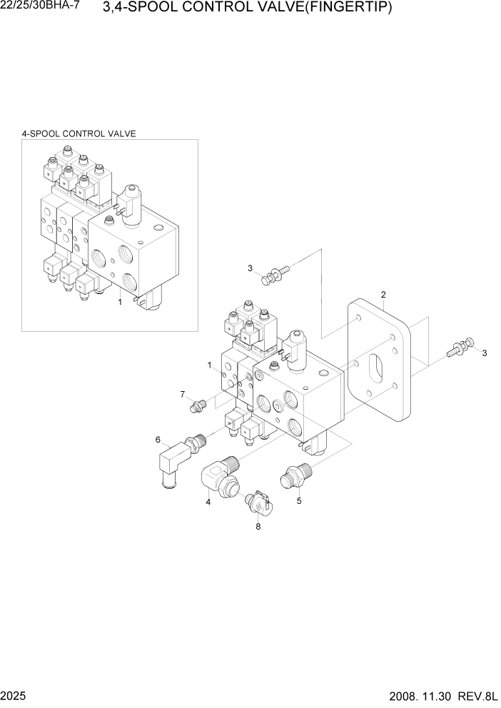 Схема запчастей Hyundai 22/25/30BHA-7 - PAGE 2025 3,4-SPOOL CONTROL VALVE(FINGERTIP) ГИДРАВЛИЧЕСКАЯ СИСТЕМА