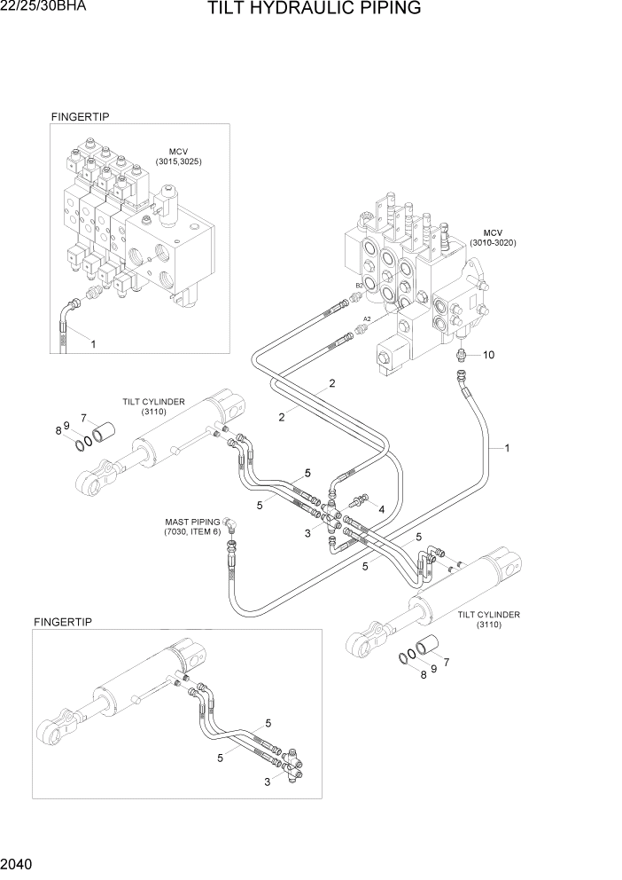 Схема запчастей Hyundai 22/25/30BHA-7 - PAGE 2040 TILT HYDRAULIC PIPING ГИДРАВЛИЧЕСКАЯ СИСТЕМА