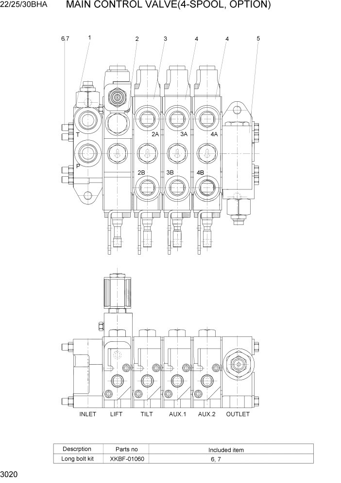 Схема запчастей Hyundai 22/25/30BHA-7 - PAGE 3020 MAIN CONTROL VALVE(4-SPOOL, OPTION) ГИДРАВЛИЧЕСКИЕ КОМПОНЕНТЫ