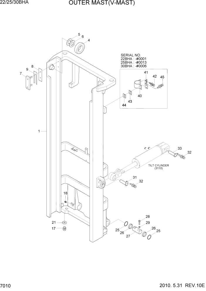 Схема запчастей Hyundai 22/25/30BHA-7 - PAGE 7010 OUTER MAST(V-MAST) РАБОЧЕЕ ОБОРУДОВАНИЕ