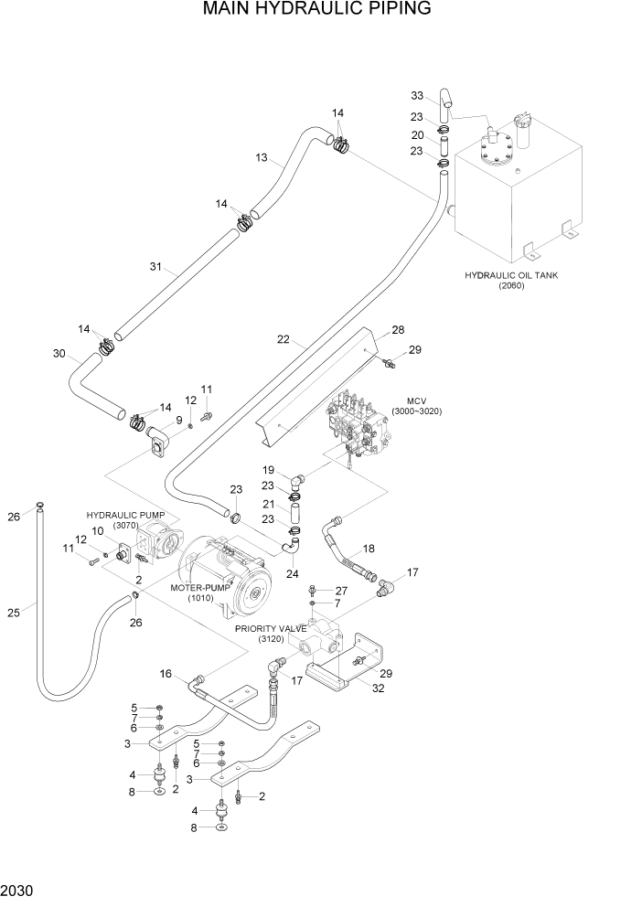 Схема запчастей Hyundai 35/40/45/50B - PAGE 2030 MAIN HYDRAULIC PIPING ГИДРАВЛИЧЕСКАЯ СИСТЕМА