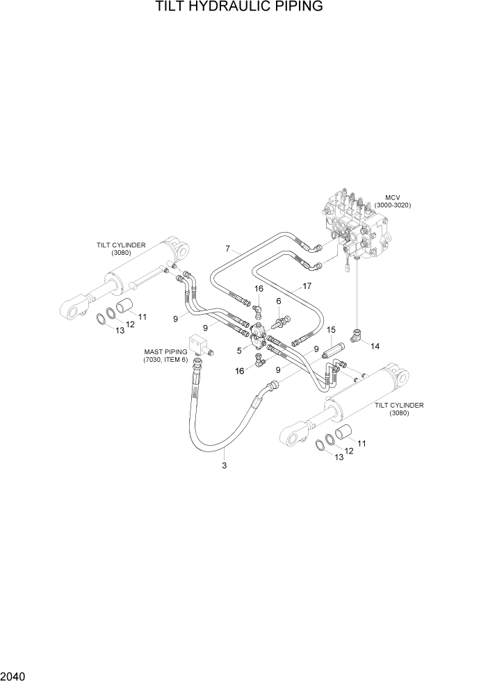Схема запчастей Hyundai 35/40/45/50B - PAGE 2040 TILT HYDRAULIC PIPING ГИДРАВЛИЧЕСКАЯ СИСТЕМА