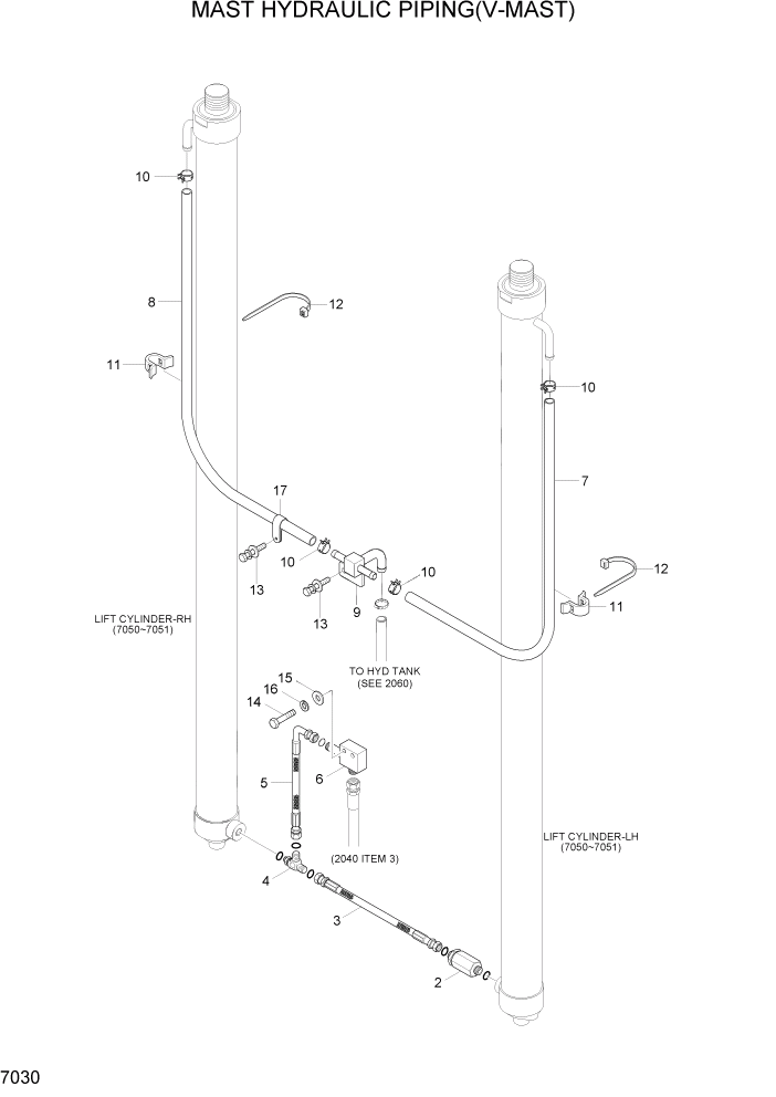 Схема запчастей Hyundai 35/40/45/50B - PAGE 7030 MAST HYDRAULIC PIPING(V-MAST) РАБОЧЕЕ ОБОРУДОВАНИЕ