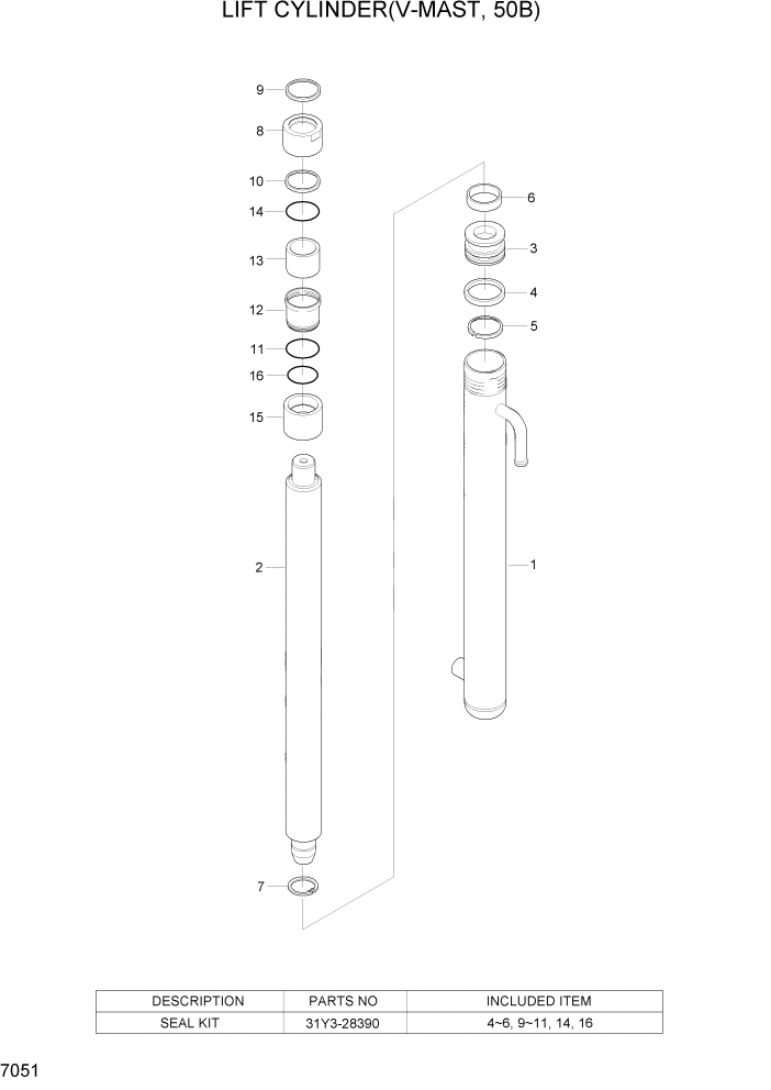 Схема запчастей Hyundai 35/40/45/50B - PAGE 7051 LIFT CYLINDER(V-MAST, 50B) РАБОЧЕЕ ОБОРУДОВАНИЕ