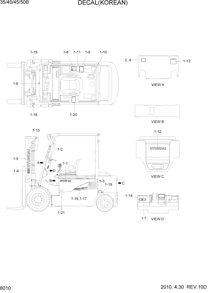 Схема запчастей Hyundai 35/40/45/50B - PAGE 8010 DECAL(KOREAN) ДРУГИЕ ЧАСТИ