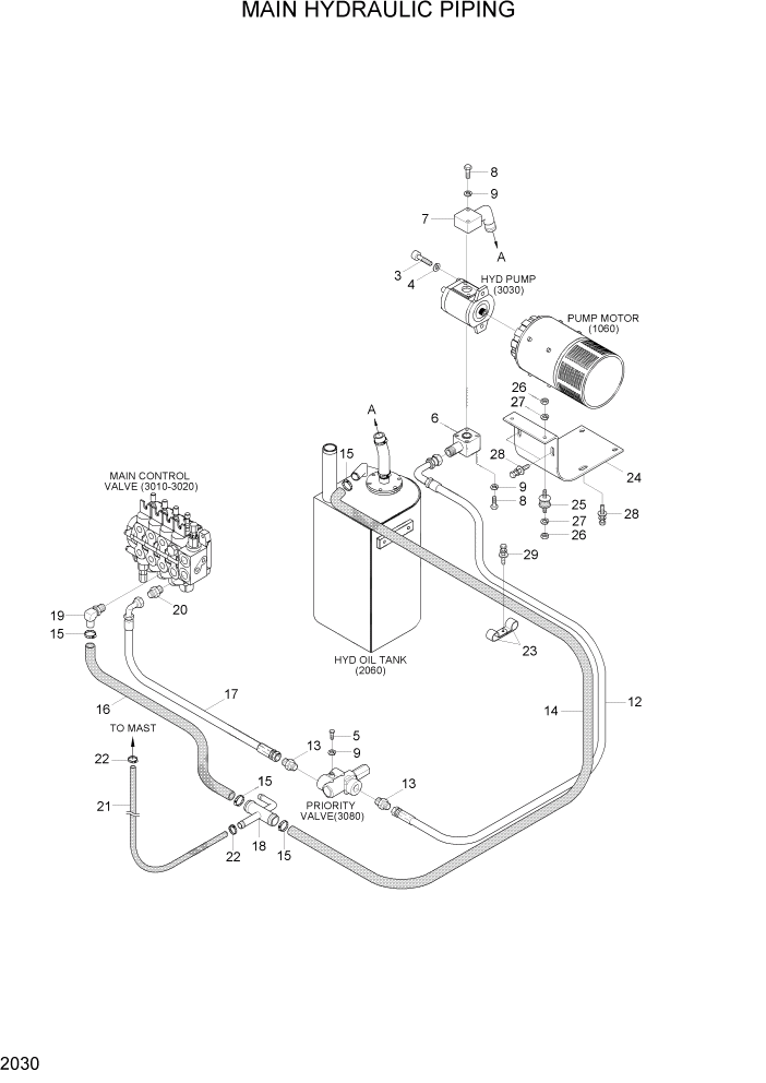Схема запчастей Hyundai HBF15/HBF18T-5 - PAGE 2030 MAIN HYDRAULIC PIPING ГИДРАВЛИЧЕСКАЯ СИСТЕМА