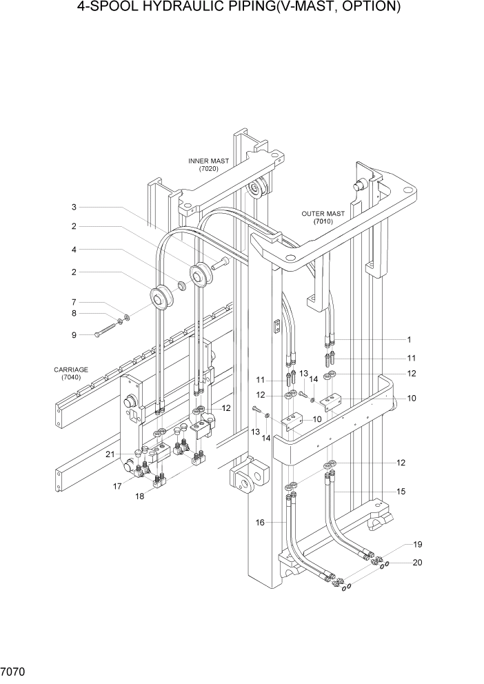 Схема запчастей Hyundai HBF15/HBF18T-5 - PAGE 7070 4-SPOOL HYDRAULIC PIPING(V-MAST,OPTION) РАБОЧЕЕ ОБОРУДОВАНИЕ