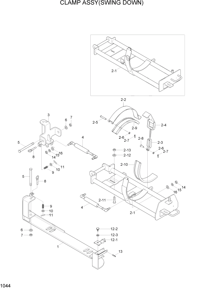 Схема запчастей Hyundai 15G/18G/20GA-7 - PAGE 1044 CLAMP ASSY(SWING DOWN) СИСТЕМА ДВИГАТЕЛЯ