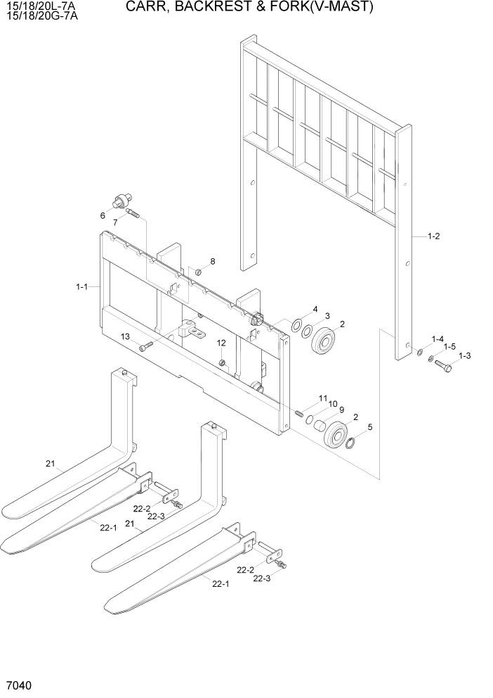 Схема запчастей Hyundai 15/18/20G-7A - PAGE 7040 CARR,BACKREST & FORK(V-MAST) РАБОЧЕЕ ОБОРУДОВАНИЕ