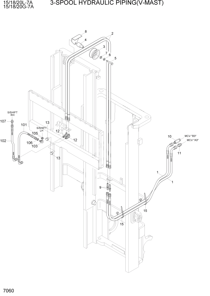 Схема запчастей Hyundai 15/18/20G-7A - PAGE 7060 3-SPOOL HYDRAULIC PIPING(V-MAST) РАБОЧЕЕ ОБОРУДОВАНИЕ