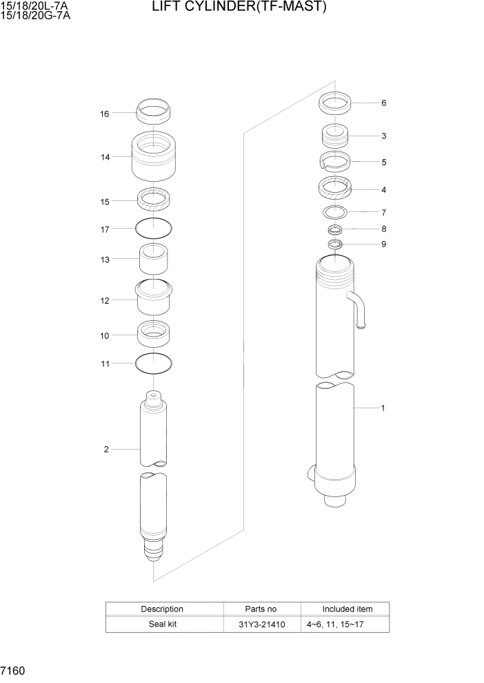 Схема запчастей Hyundai 15/18/20G-7A - PAGE 7160 LIFT CYLINDER(TF-MAST) РАБОЧЕЕ ОБОРУДОВАНИЕ