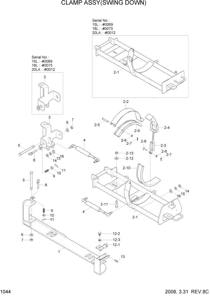 Схема запчастей Hyundai 15L/18L/20LA - PAGE 1044 CLAMP ASSY(SWING DOWN) СИСТЕМА ДВИГАТЕЛЯ
