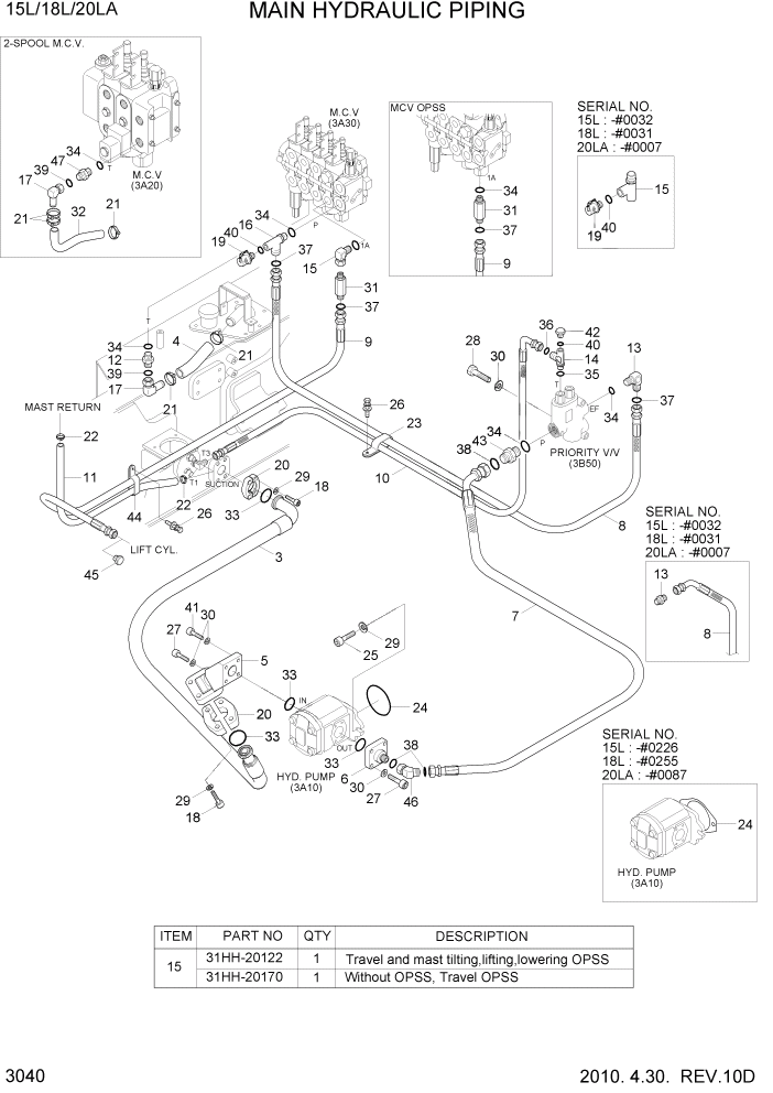 Схема запчастей Hyundai 15L/18L/20LA - PAGE 3040 MAIN HYDRAULIC PIPING ГИДРАВЛИЧЕСКАЯ СИСТЕМА