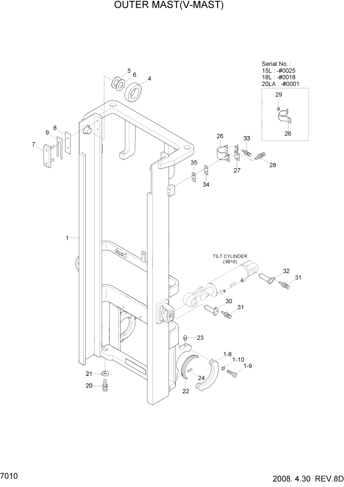 Схема запчастей Hyundai 15L/18L/20LA - PAGE 7010 OUTER MAST(V-MAST) РАБОЧЕЕ ОБОРУДОВАНИЕ