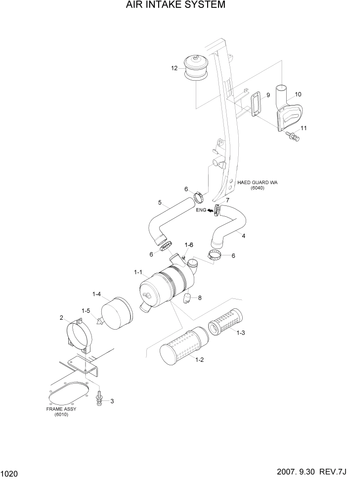 Схема запчастей Hyundai 15LC/18LC/20LCA-7 - PAGE 1020 AIR INTAKE SYSTEM СИСТЕМА ДВИГАТЕЛЯ