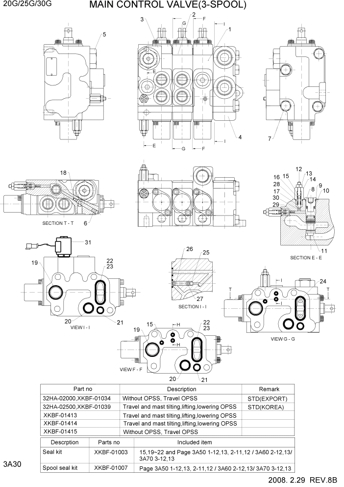 Схема запчастей Hyundai 20/25/30G-7 - PAGE 3A30 MAIN CONTROL VALVE(3-SPOOL) ГИДРАВЛИЧЕСКАЯ СИСТЕМА