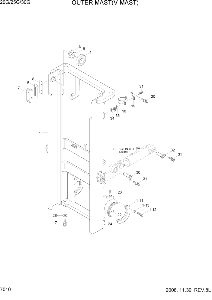 Схема запчастей Hyundai 20/25/30G-7 - PAGE 7010 OUTER MAST(V-MAST) РАБОЧЕЕ ОБОРУДОВАНИЕ