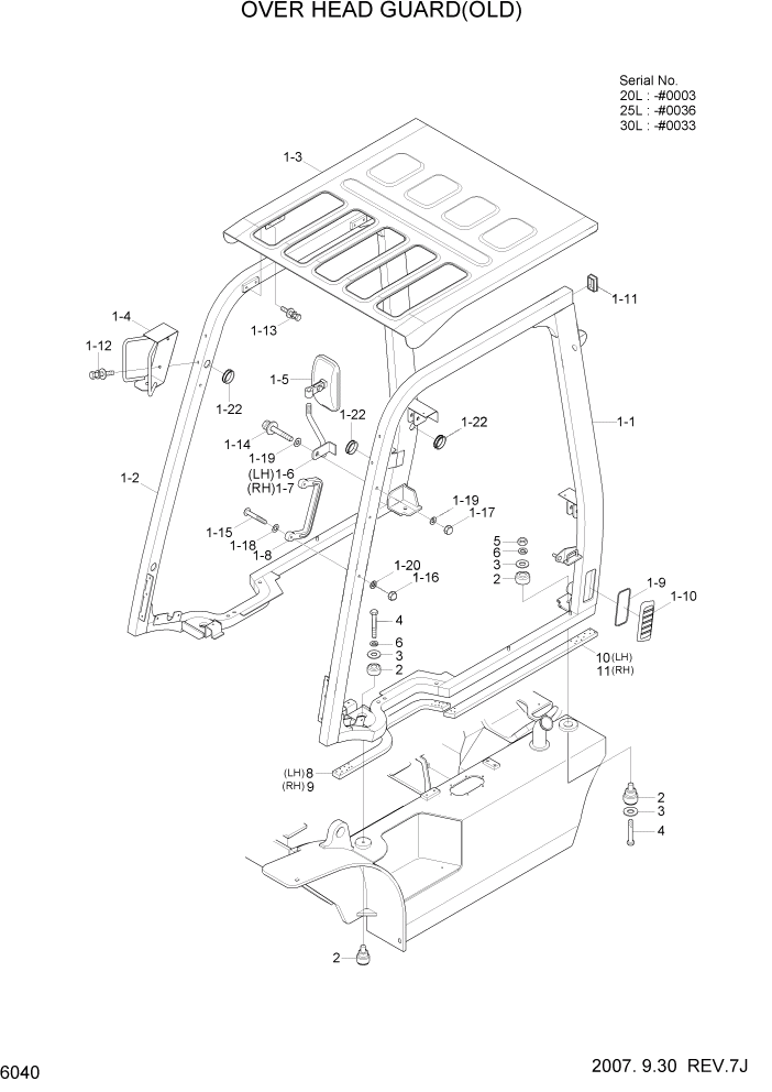 Схема запчастей Hyundai 20/25/30L-7 - PAGE 6040 OVER HEARD GUARD(OLD) СТРУКТУРА