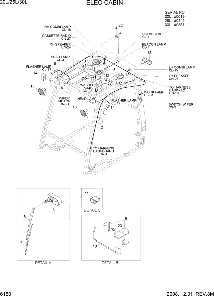 Схема запчастей Hyundai 20/25/30L-7 - PAGE 6150 ELEC CABIN СТРУКТУРА