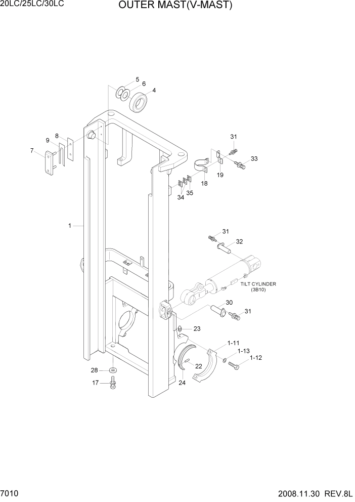 Схема запчастей Hyundai 20/25/30LC-7 - PAGE 7010 OUTER MAST(V-MAST) РАБОЧЕЕ ОБОРУДОВАНИЕ
