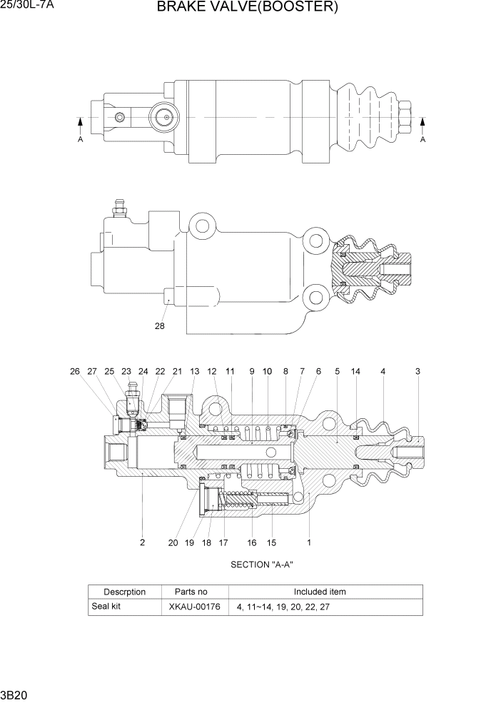 Схема запчастей Hyundai 25/30L-7A - PAGE 3B20 BRAKE VALVE(BOOSTER) ГИДРАВЛИЧЕСКАЯ СИСТЕМА