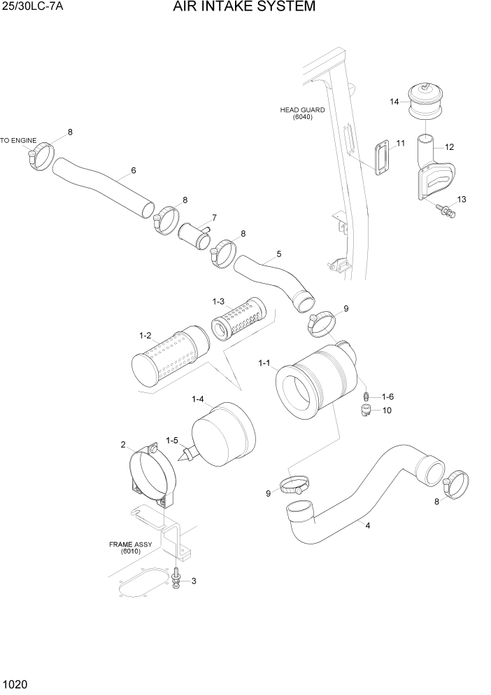 Схема запчастей Hyundai 25/30LC-7A - PAGE 1020 AIR INTAKE SYSTEM СИСТЕМА ДВИГАТЕЛЯ