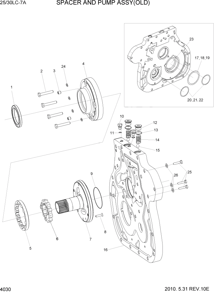 Схема запчастей Hyundai 25/30LC-7A - PAGE 4030 SPACER AND PUMP ASSY(OLD) СИЛОВАЯ СИСТЕМА