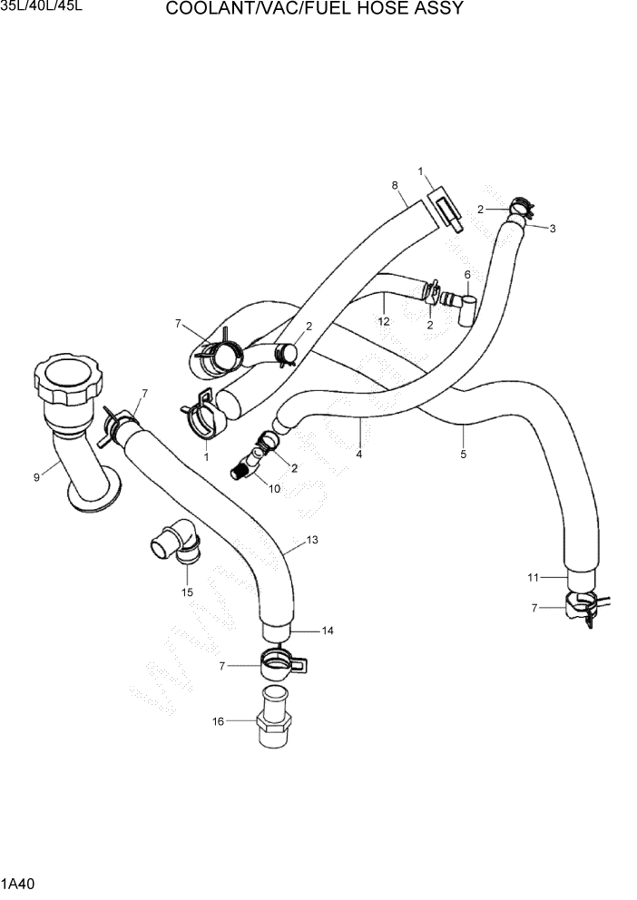 Схема запчастей Hyundai 35/40/45L - PAGE 1A40 COOLANT/VAC/FUEL HOSE ASSY СИСТЕМА ДВИГАТЕЛЯ