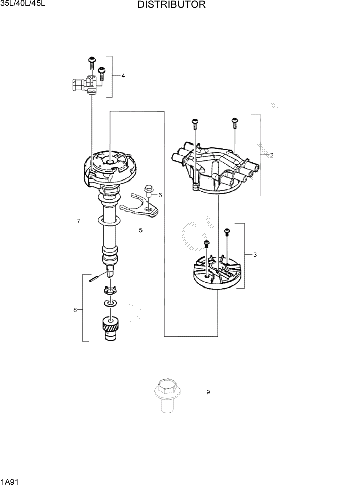 Схема запчастей Hyundai 35/40/45L - PAGE 1A91 DISTRIBUTOR СИСТЕМА ДВИГАТЕЛЯ