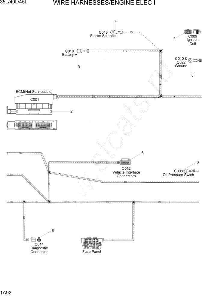 Схема запчастей Hyundai 35/40/45L - PAGE 1A92 WIRE HARNESS/ENG ELEC I СИСТЕМА ДВИГАТЕЛЯ