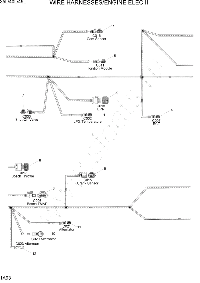 Схема запчастей Hyundai 35/40/45L - PAGE 1A93 WIRE HARNESS/ENG ELEC II СИСТЕМА ДВИГАТЕЛЯ