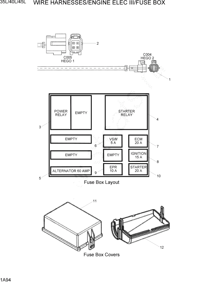 Схема запчастей Hyundai 35/40/45L - PAGE 1A94 WIRE HARNESS/ENG ELEC III/FUSE BOX СИСТЕМА ДВИГАТЕЛЯ
