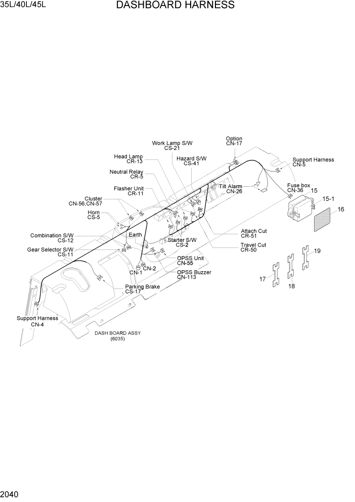 Схема запчастей Hyundai 35/40/45L - PAGE 2040 DASHBOARD HARNESS ЭЛЕКТРИЧЕСКАЯ СИСТЕМА