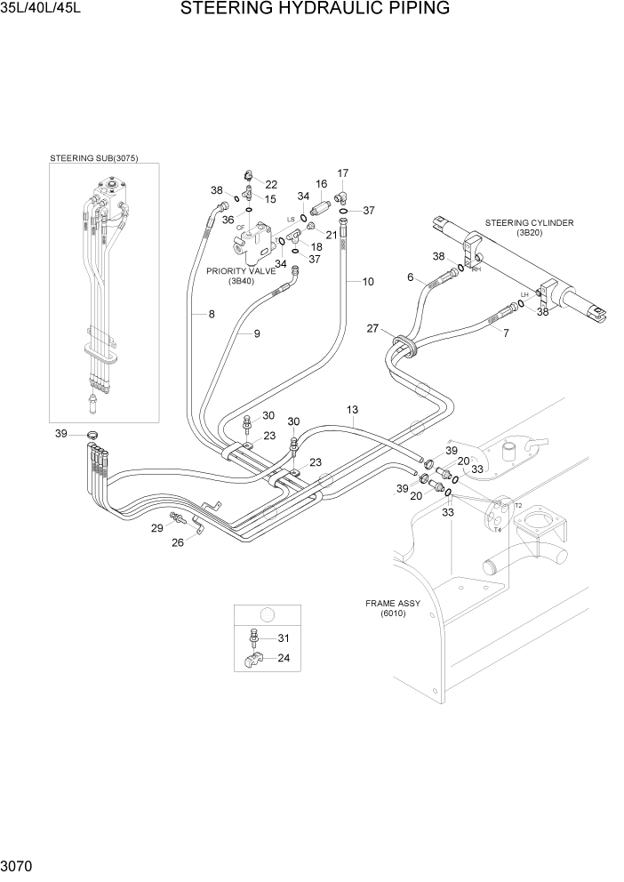 Схема запчастей Hyundai 35/40/45L - PAGE 3070 STEERING HYDRAULIC PIPING ГИДРАВЛИЧЕСКАЯ СИСТЕМА