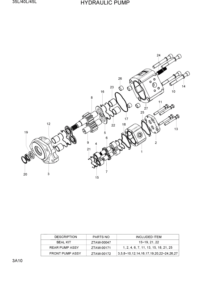 Схема запчастей Hyundai 35/40/45L - PAGE 3A10 HYDRAULIC PUMP ГИДРАВЛИЧЕСКАЯ СИСТЕМА