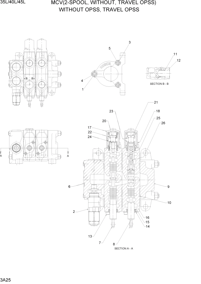 Схема запчастей Hyundai 35/40/45L - PAGE 3A25 MCV(2-SPOOL, WITHOUT, TRAVEL OPSS) ГИДРАВЛИЧЕСКАЯ СИСТЕМА